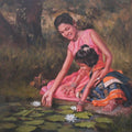 Figurative oil painting titled 'Two Sisters', 36x36 inches, by artist Manoj Deshmukh on Canvas