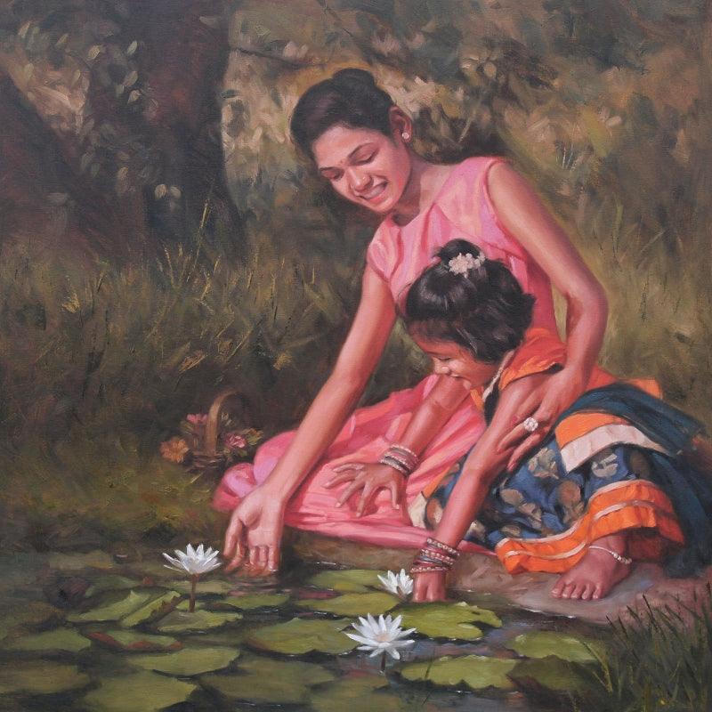 Figurative oil painting titled 'Two Sisters', 36x36 inches, by artist Manoj Deshmukh on Canvas