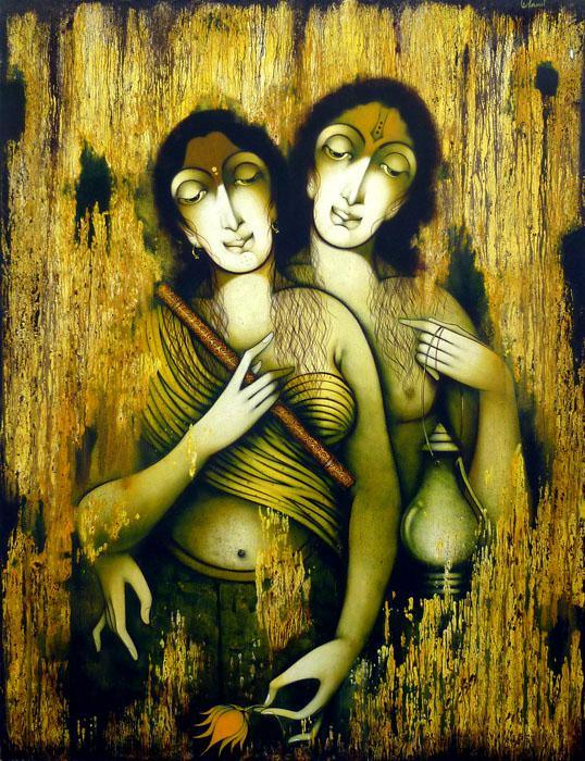 Two Women Painting by Manoj Aher | ArtZolo.com