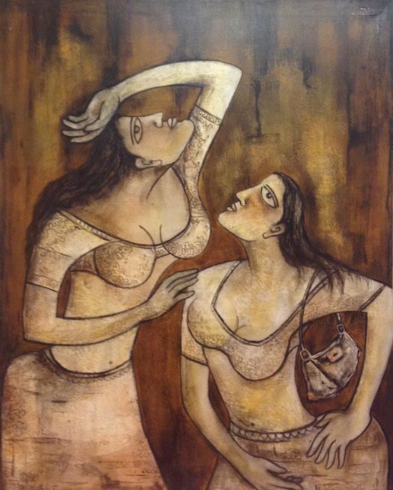 Figurative acrylic painting titled 'Two Women', 50x40 inches, by artist Sanjay Sinha on Canvas