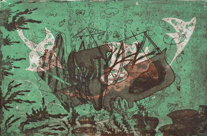 Under Sea The Shipwieck With Ray Fish Printmaking by Bitarka Majumder | ArtZolo.com