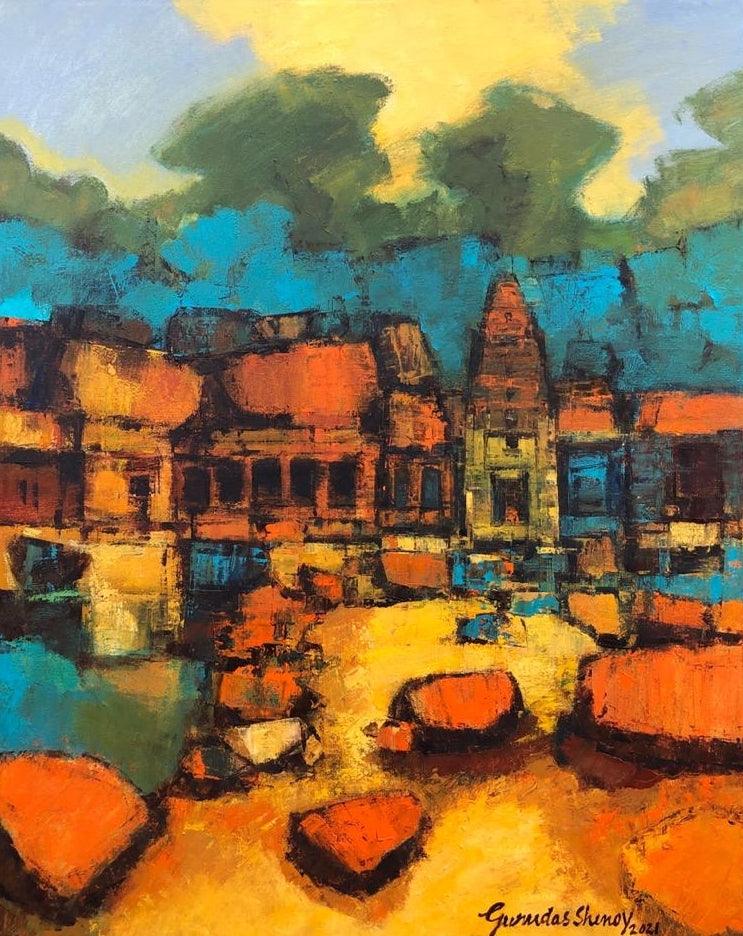 Cityscape oil painting titled 'Untitled 1', 30x20 inches, by artist Gurudas Shenoy on Canvas
