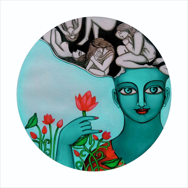 Figurative acrylic painting titled 'Untitled 1', 11x11 inches, by artist Meenakshi Jha Banerjee on Paper