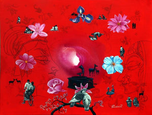 Untitled 1 (Crimson Embrace) by Rawindra Das, Original Acrylic Contemporary Painting on Canvas, Large Horizontal Wall Art
