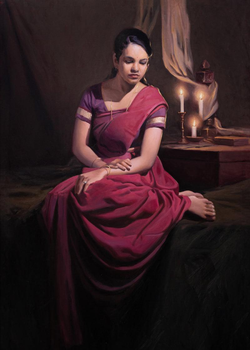 Figurative oil painting titled 'Untitled 1', 39x27 inches, by artist Mahesh Soundatte on Linen