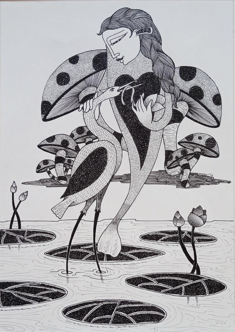 Figurative ink drawing titled 'Untitled 1', 16x11 inches, by artist Chandrashekhar Kumavat on Paper