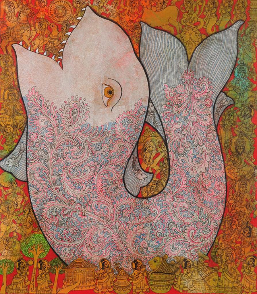 Religious mixed media painting titled 'Untitled 1', 36x31 inches, by artist Ramesh Gorjala on Canvas