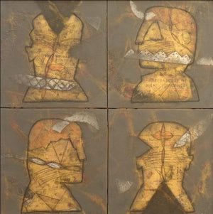 Untitled 1 (Faces of Time) by Sukhendu Paul, Original Mixed Media Figurative Painting on Canvas, Medium Square Wall Art