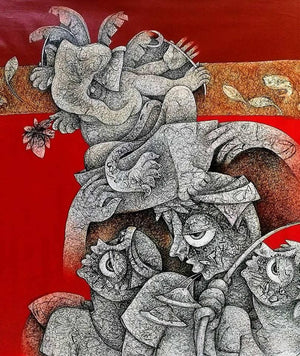 Figurative acrylic painting titled 'Untitled 1', 36x36 inches, by artist Mahavir  Verma on Canvas