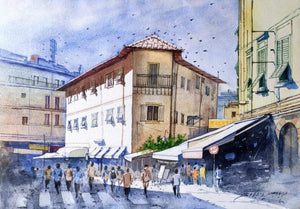 Untitled 1 (Florentine Hustle and Bustle) by Balaji G Bhange, Original Watercolor Cityscape Painting on Paper, Small Horizontal Wall Art