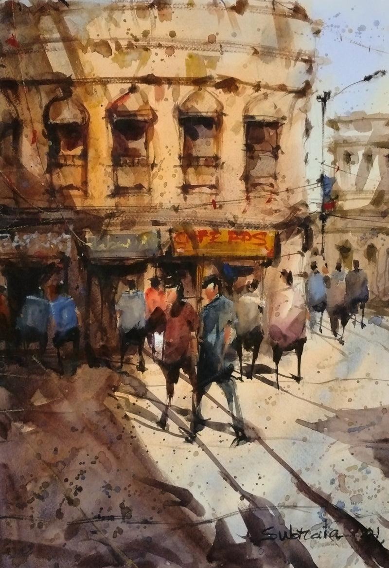 Cityscape watercolor painting titled 'Untitled 1', 22x15 inches, by artist Subrata Malakar on Paper