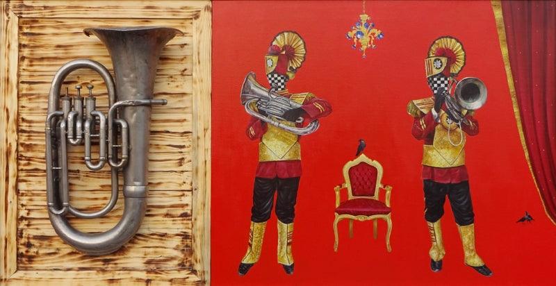 Figurative mixed media painting titled 'Untitled 1', 28x56 inches, by artist Anil Kumar Bodwal on Canvas