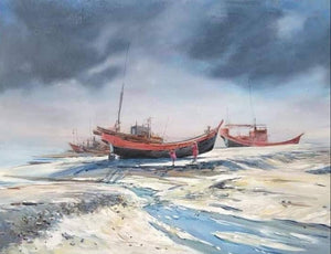 Untitled 1 (Serene Shoreline**) by Satyabrata Karmakar, Original Acrylic Seascape Painting on Canvas, Small Horizontal Wall Art