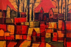 Cityscape oil painting titled 'Untitled 1', 24x36 inches, by artist Gurudas Shenoy on Canvas