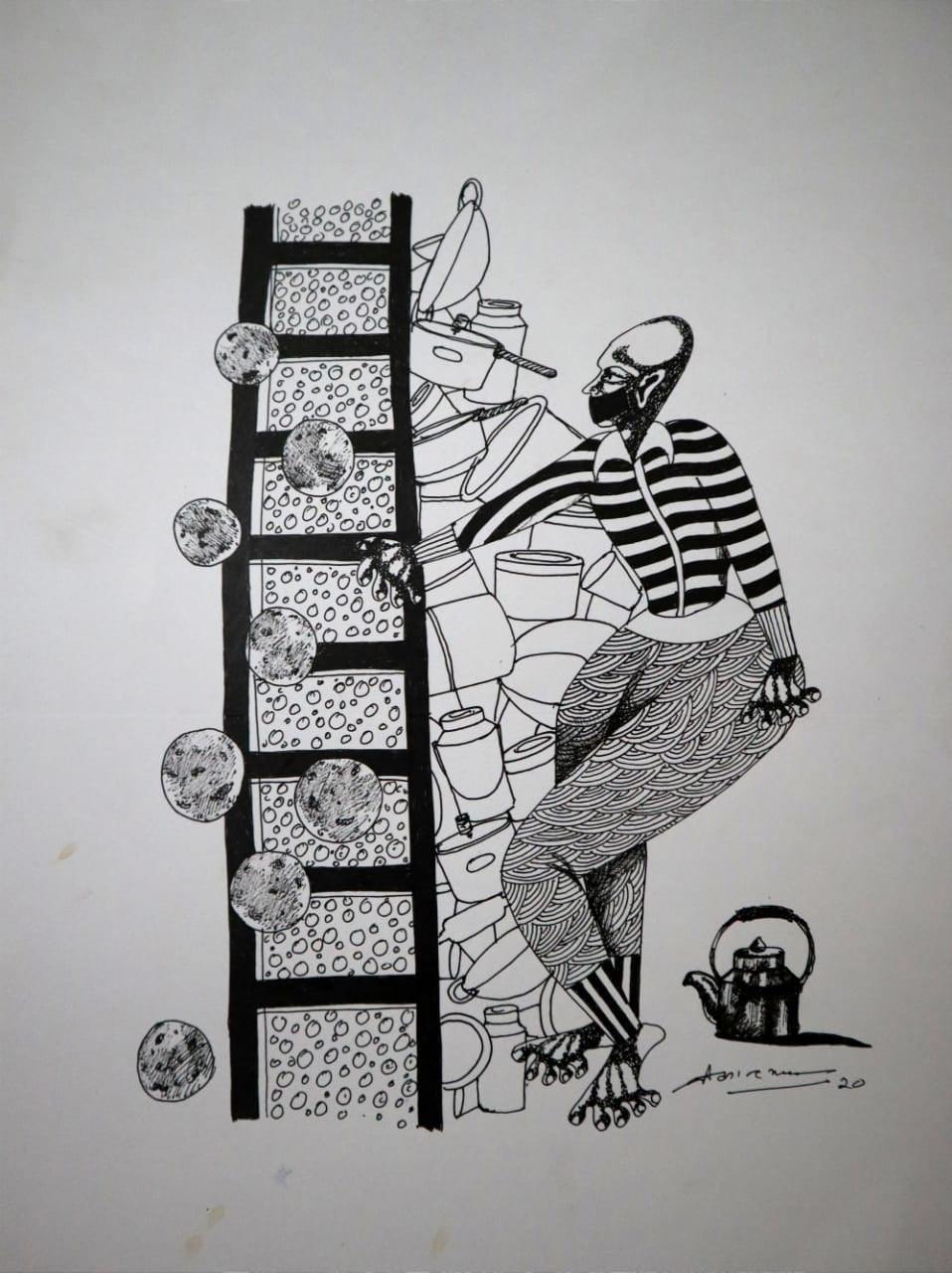 Figurative pen ink drawing titled 'Untitled 1', 17x13 inches, by artist Shrikant Ranga on Paper