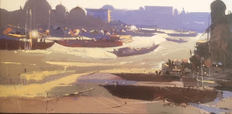 Cityscape acrylic painting titled 'Untitled 1', 18x36 inches, by artist Hari Dhongade on Canvas