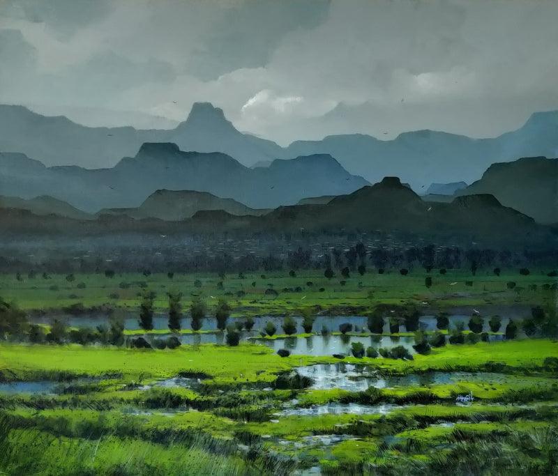 Landscape acrylic painting titled 'Untitled 1', 36x42 inches, by artist Mangesh Shinde on Canvas