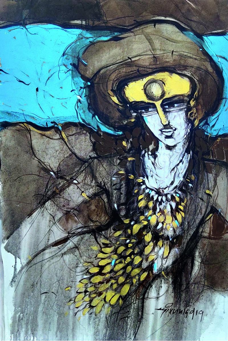 Figurative mixed media painting titled 'Untitled 1', 48x36 inches, by artist Dheeraj Yadav on Canvas