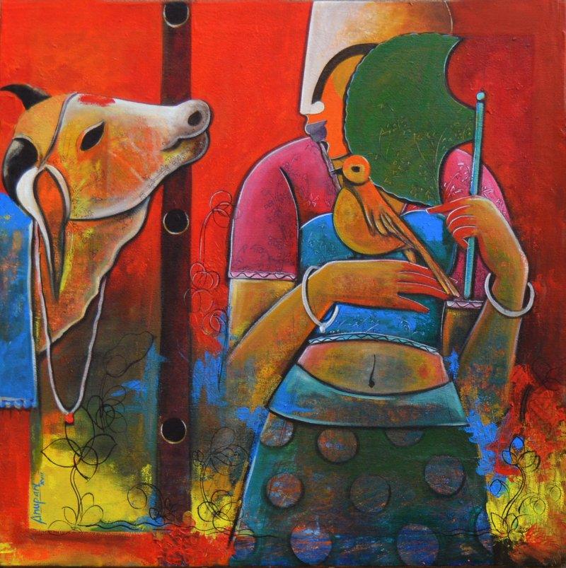 Figurative mixed media titled 'Untitled 10', 30x30 inches, by artist Anupam Pal on Canvas