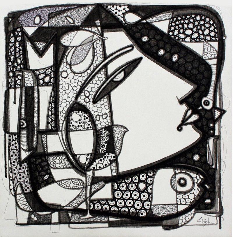 Figurative ink drawing titled 'Untitled 10', 18x18 inches, by artist Girish Adannavar on Canvas
