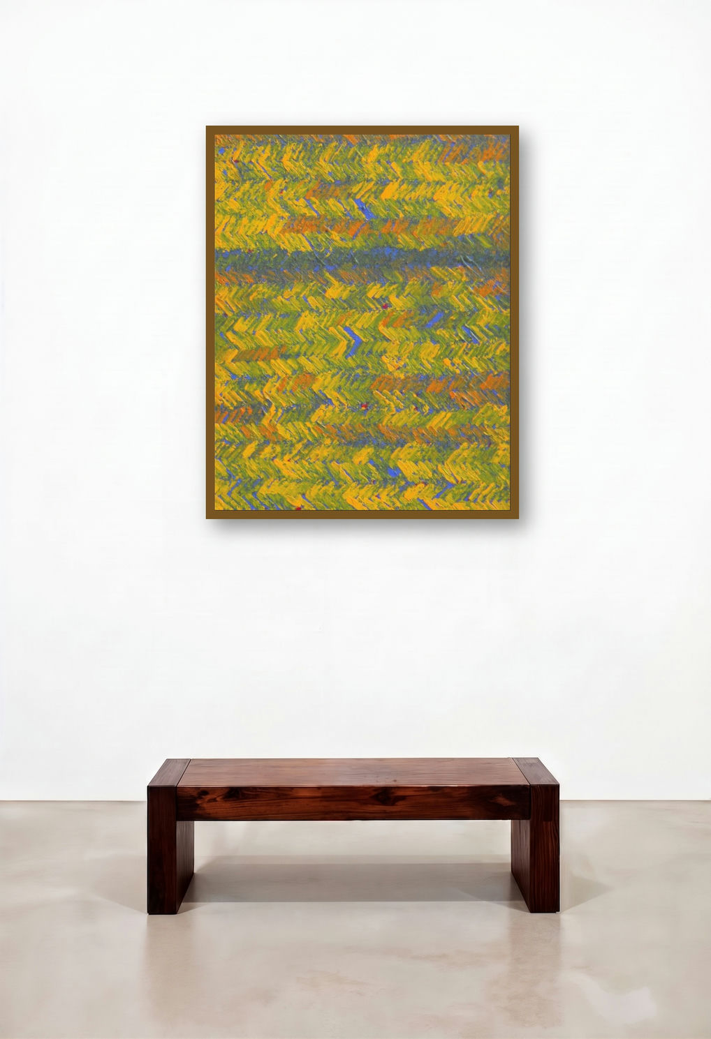 Untitled 10 (Golden Horizon) by artist Anil Tagad displayed in a Mid-Century Modern Hotel Suite