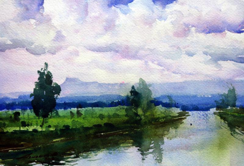 Landscape watercolor painting titled 'Untitled 10', 9x11 inches, by artist Azharuuddin Inamdar on Paper