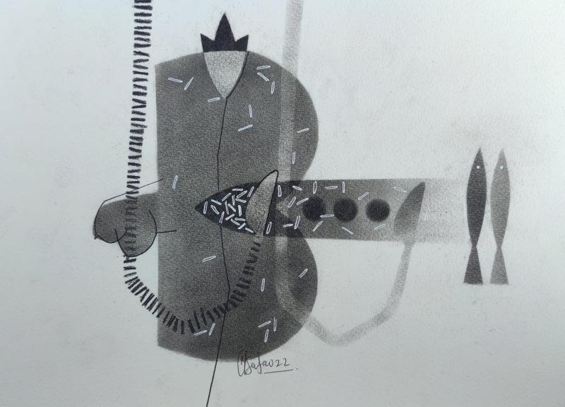 Abstract charcoal drawing titled 'Untitled 100', 8x12 inches, by artist Narendra Jatav on Paper