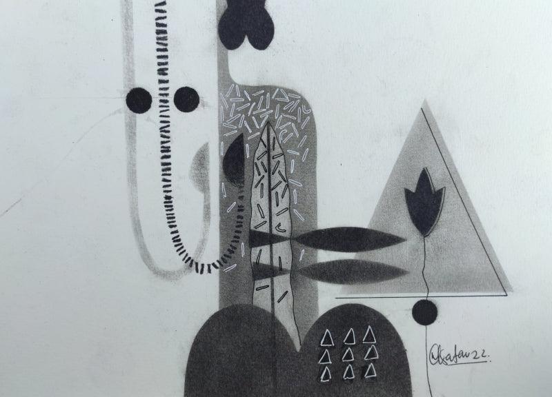 Abstract charcoal drawing titled 'Untitled 102', 8x12 inches, by artist Narendra Jatav on Paper