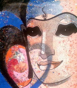 Untitled 11 (Cosmic Buddha Face) by Prakaash Chandwadkar, Original Mixed Media Religious Painting on Canvas, Medium Vertical Wall Art