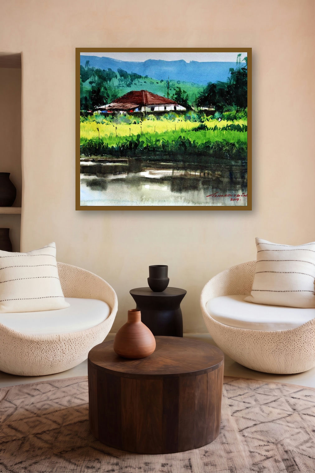 Untitled 11 (Tranquil Village Life) by artist Azharuuddin Inamdar displayed in a Designer gallery