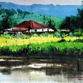 Landscape watercolor painting titled 'Untitled 11', 9x9 inches, by artist Azharuuddin Inamdar on Paper