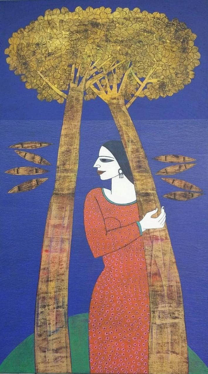 Figurative acrylic painting titled 'Untitled 11', 42x24 inches, by artist Biswajit Mondal on Canvas