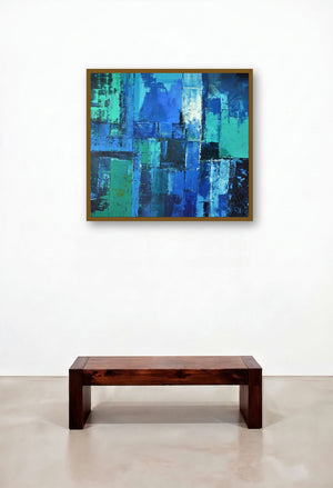 Untitled 11 (Sapphire Symphony) by artist Sanjay Akolikar displayed in a Coastal Hotel Lobby