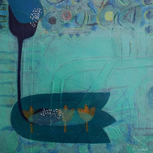 Untitled 111 (Serene Waters) by Narendra Jatav, Original Acrylic Abstract Painting on Paper, X-Small Square Wall Art