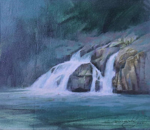 Untitled 12 (Forest Falls) by Dinesh Mane, Original Oil Seascape Painting on Board, X-Small Horizontal Wall Art