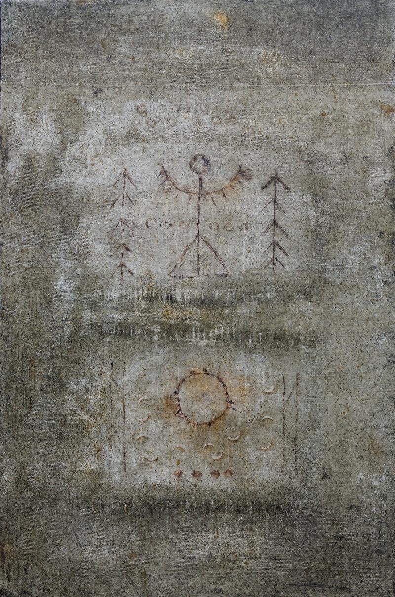 Abstract oil painting titled 'Untitled 12', 54x35 inches, by artist Ramesh Thorat on Canvas