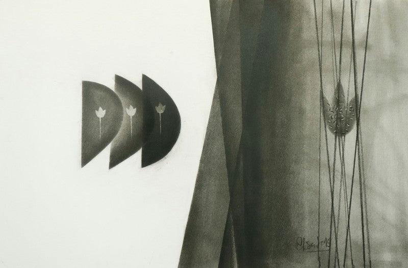 Abstract charcoal drawing titled 'Untitled 12', 14x22 inches, by artist Narendra Jatav on Paper