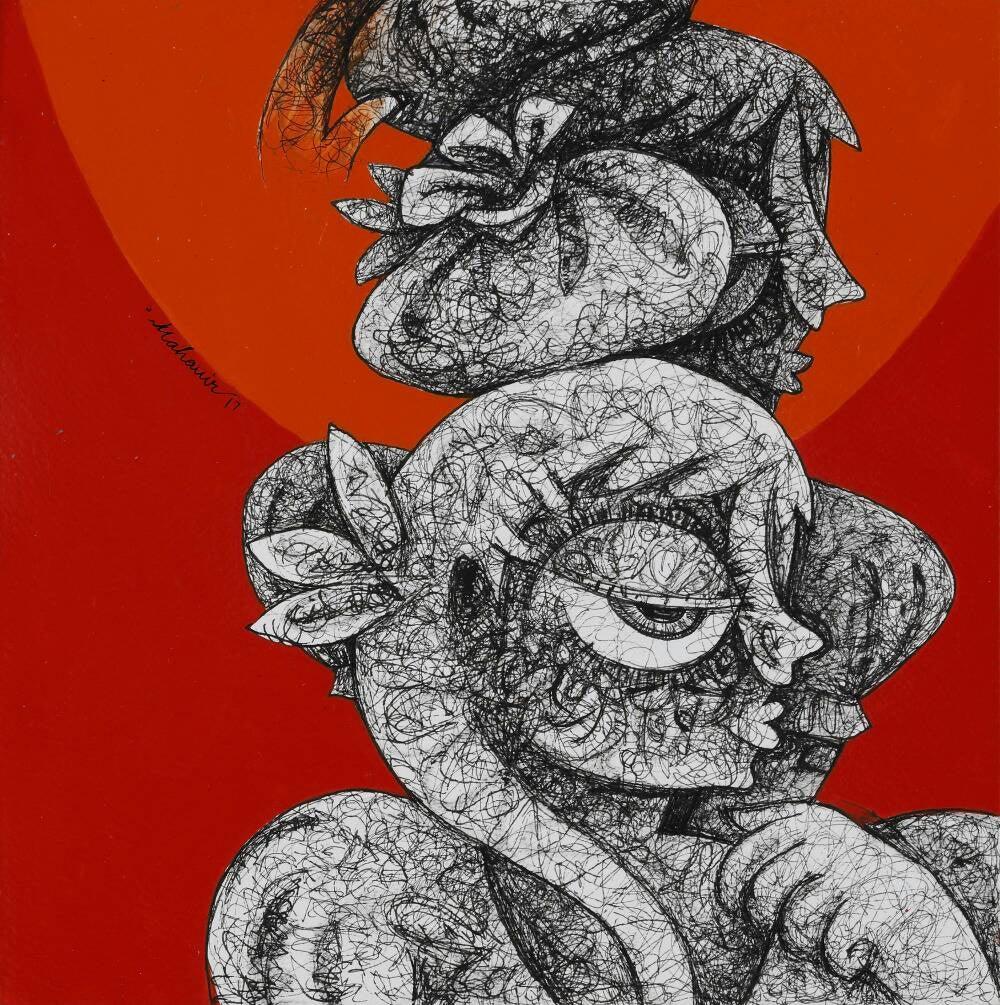 Figurative mixed media painting titled 'Untitled 12', 12x12 inches, by artist Mahavir Verma on Paper