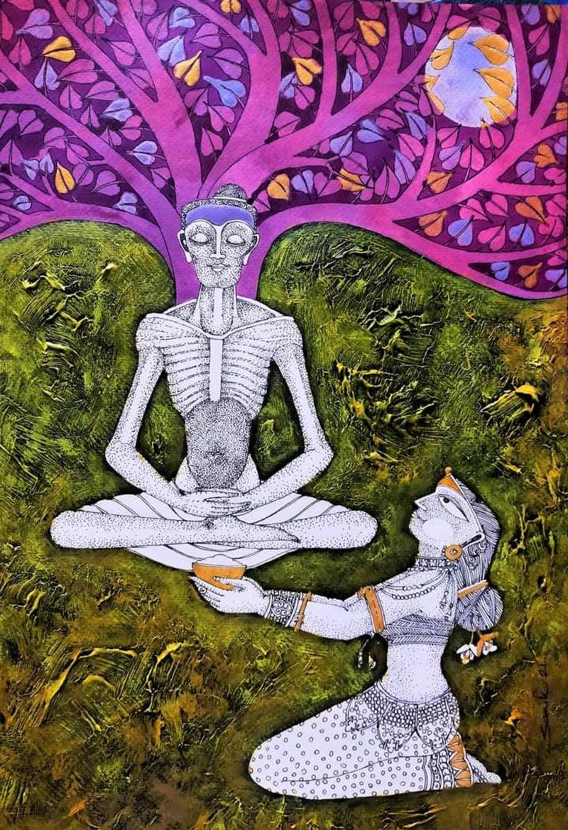 Figurative acrylic ink painting titled 'Untitled 12', 17x12 inches, by artist Samik De on Paper