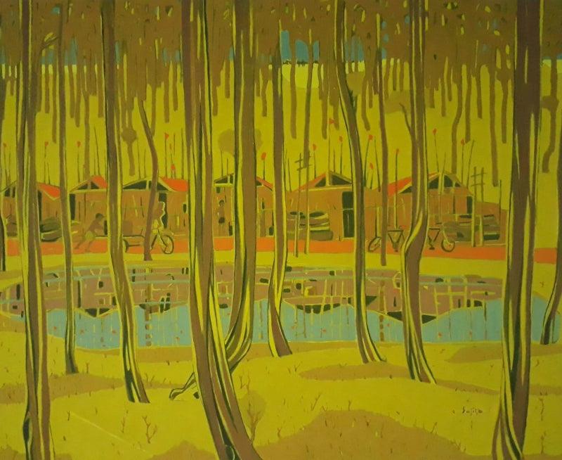 Nature tempera painting titled 'Untitled 12', 20x25 inches, by artist Sujit Das on Cloth