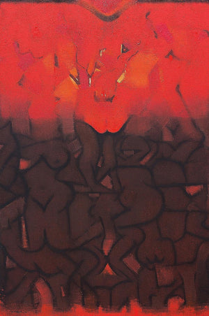 Untitled 12 (Crimson Depths) by Yogesh Murkute, Original Oil Abstract Painting on Canvas, Medium Vertical Wall Art