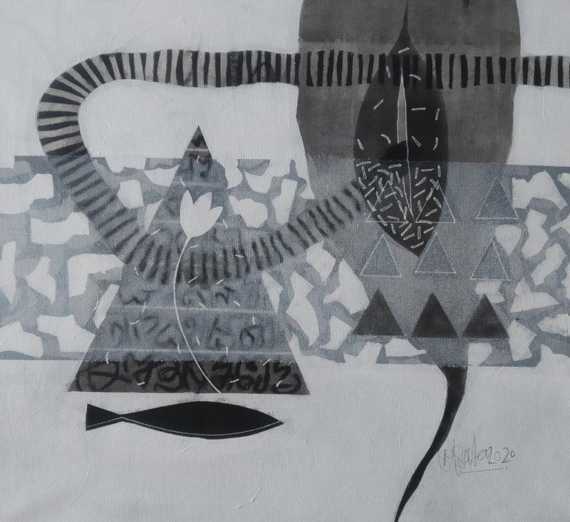 Abstract charcoal painting titled 'Untitled 121', 18x18 inches, by artist Narendra Jatav on Canvas