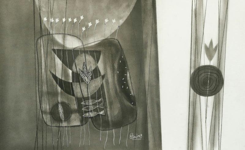 Abstract charcoal drawing titled 'Untitled 124', 14x22 inches, by artist Narendra Jatav on Paper