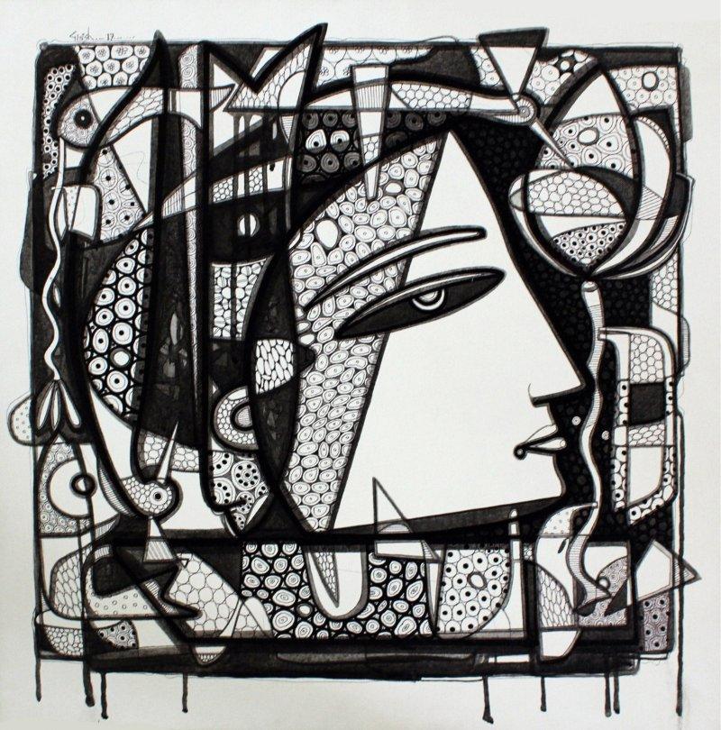 Figurative ink drawing titled 'Untitled 13', 24x24 inches, by artist Girish Adannavar on Canvas