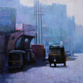 Cityscape oil painting titled 'Untitled 13', 14x11 inches, by artist Dinesh Mane on Linen