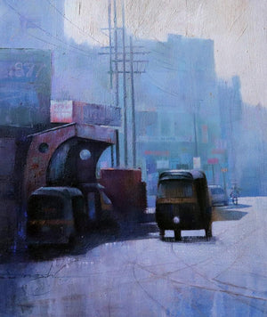 Untitled 13 (Misty Morning Commute) by Dinesh Mane, Original Oil Cityscape Painting on Linen, Small Vertical Wall Art
