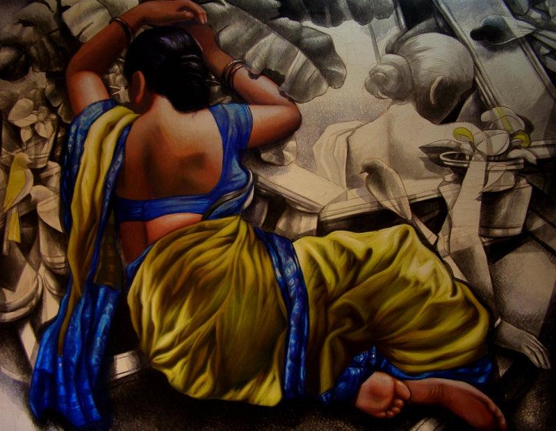 Figurative acrylic oil painting titled 'Untitled 13', 48x60 inches, by artist Arya Chowdhury on Canvas