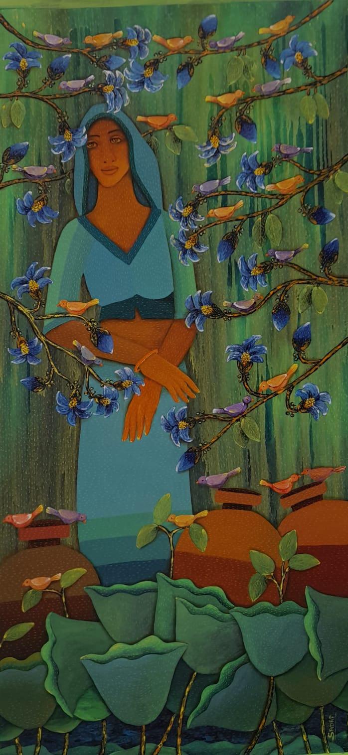 Figurative acrylic painting titled 'Untitled 13', 50x24 inches, by artist Sadaf Beg Khan on Canvas