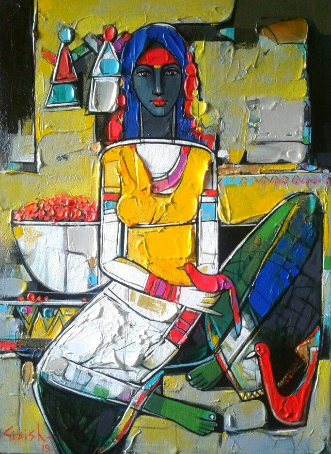 Figurative acrylic painting titled 'Untitled 15', 23x17 inches, by artist Girish Adannavar on Canvas