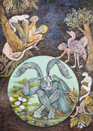 Untitled 15 (Celestial Tapestry**) by Gouri Vemula, Original Mixed Media Contemporary Painting on Paper, X-Small Vertical Wall Art